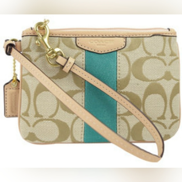 Coach Designer Tan Teal Stripe Monogram Wristlet Clutch Wallet - Picture 2 of 3